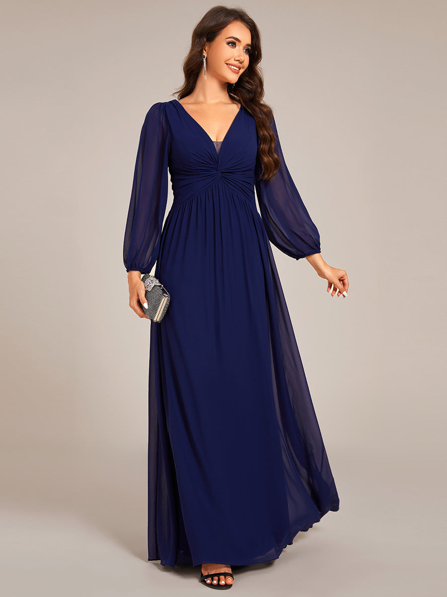 Color=Navy Blue | Graceful See-Through V Neck Padded Enough Pleated Decoration Chiffon Evening Dresses-Navy Blue 13