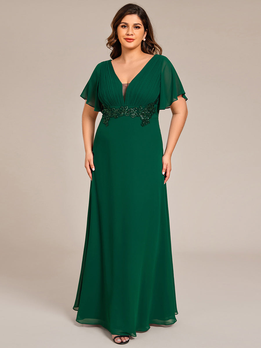 Color=Dark Green | Plus Size Elegant Ruffles Sleeve Chiffon Evening Dresses with Pleated Applique Decoration-Dark Green 1