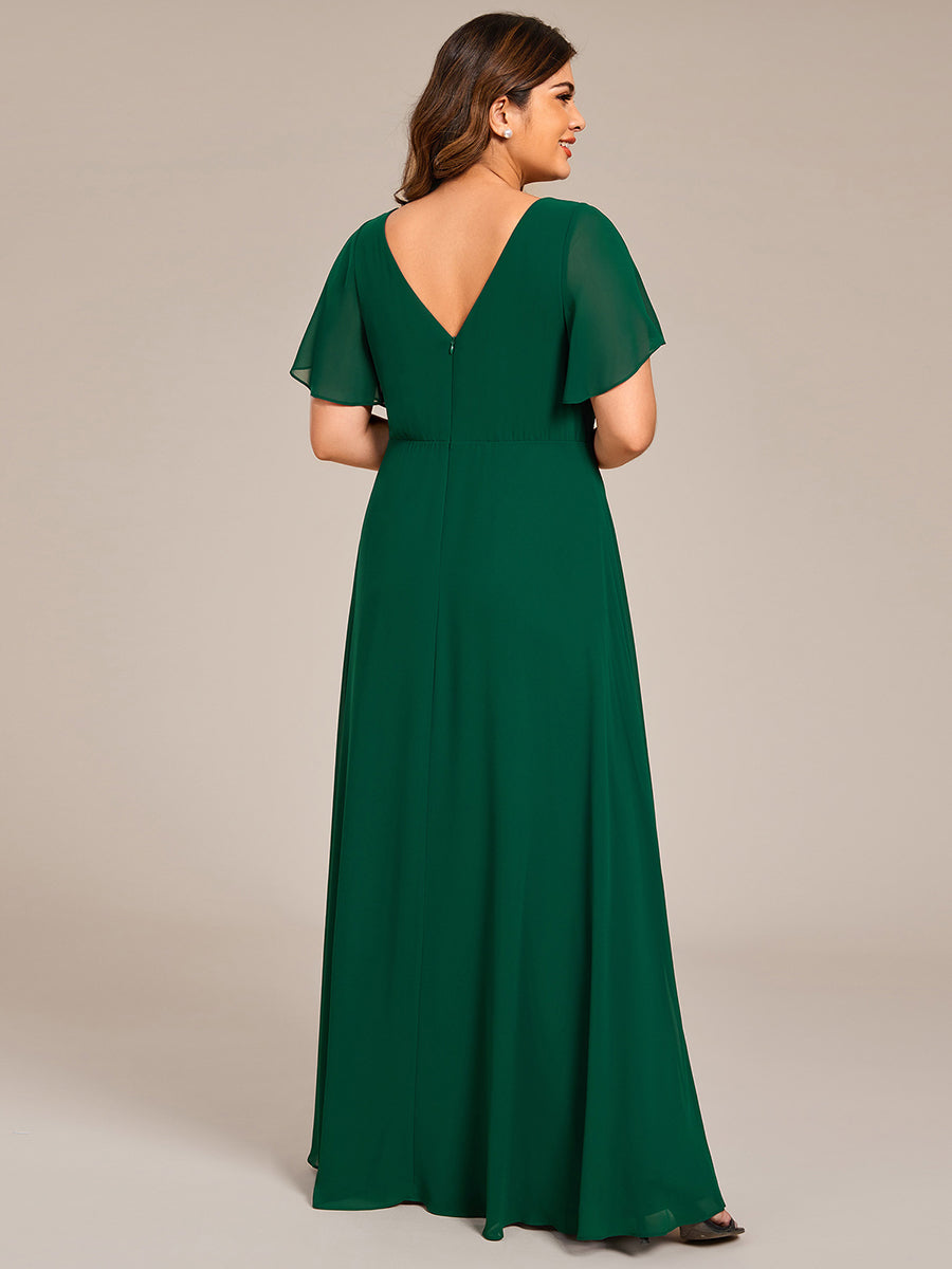 Color=Dark Green | Plus Size Elegant Ruffles Sleeve Chiffon Evening Dresses with Pleated Applique Decoration-Dark Green 2