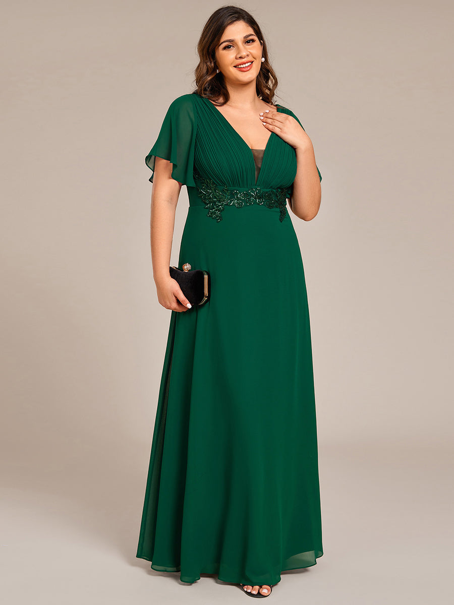 Color=Dark Green | Plus Size Elegant Ruffles Sleeve Chiffon Evening Dresses with Pleated Applique Decoration-Dark Green 3