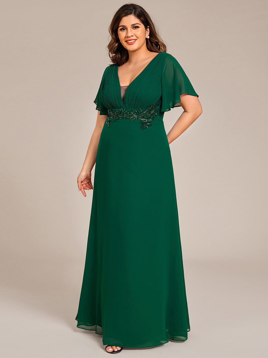 Color=Dark Green | Plus Size Elegant Ruffles Sleeve Chiffon Evening Dresses with Pleated Applique Decoration-Dark Green 4