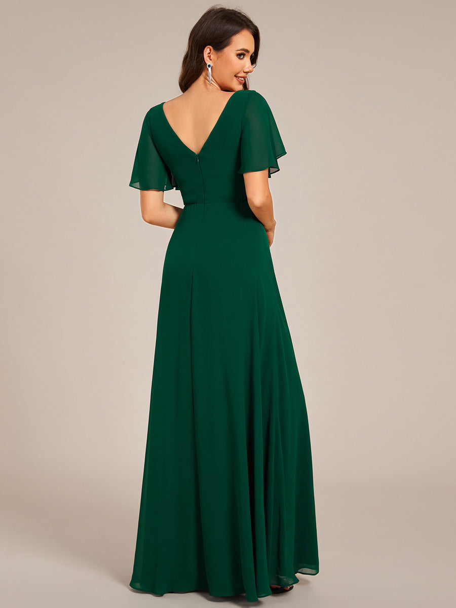 Color=Dark Green | Elegant Ruffles Sleeve Chiffon Evening Dresses with Pleated Applique Decoration-Dark Green 2