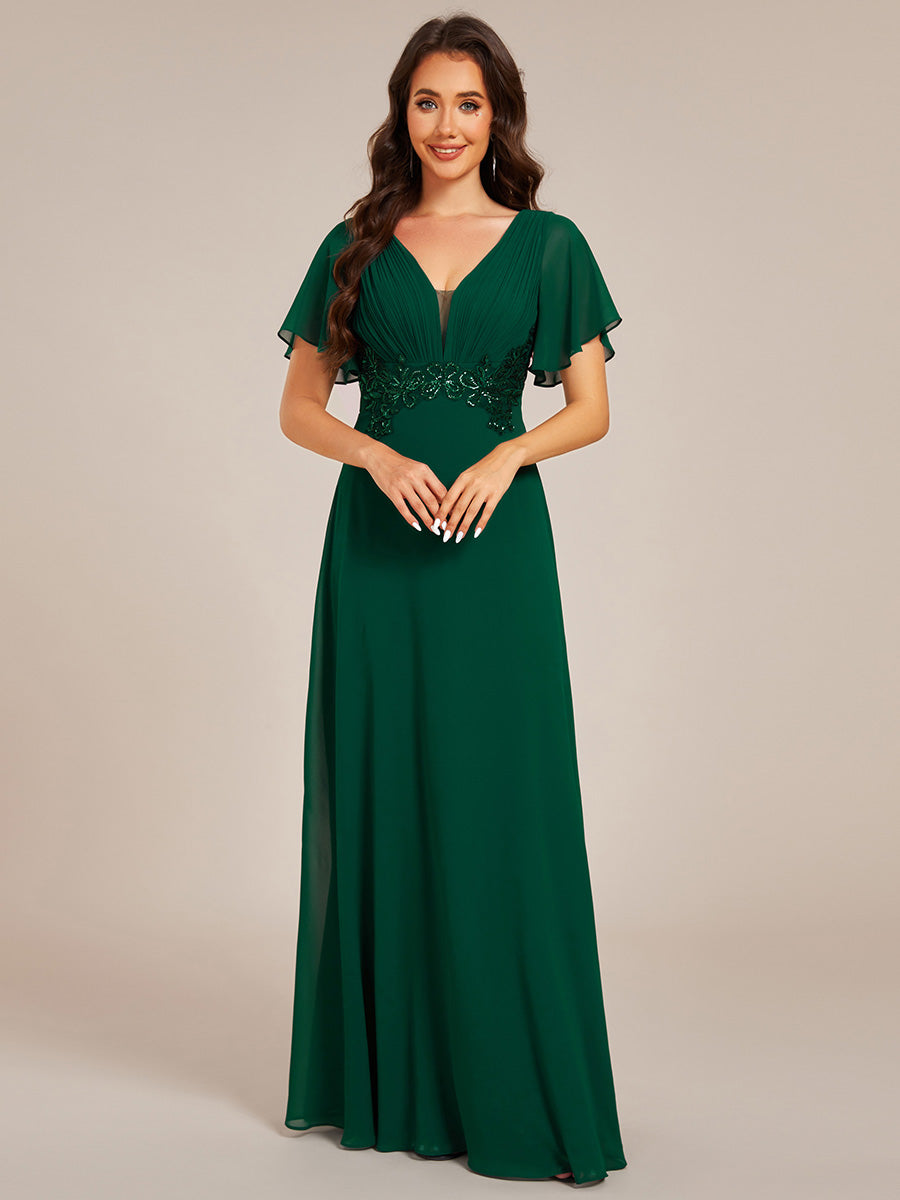 Color=Dark Green | Elegant Ruffles Sleeve Chiffon Evening Dresses with Pleated Applique Decoration-Dark Green 4