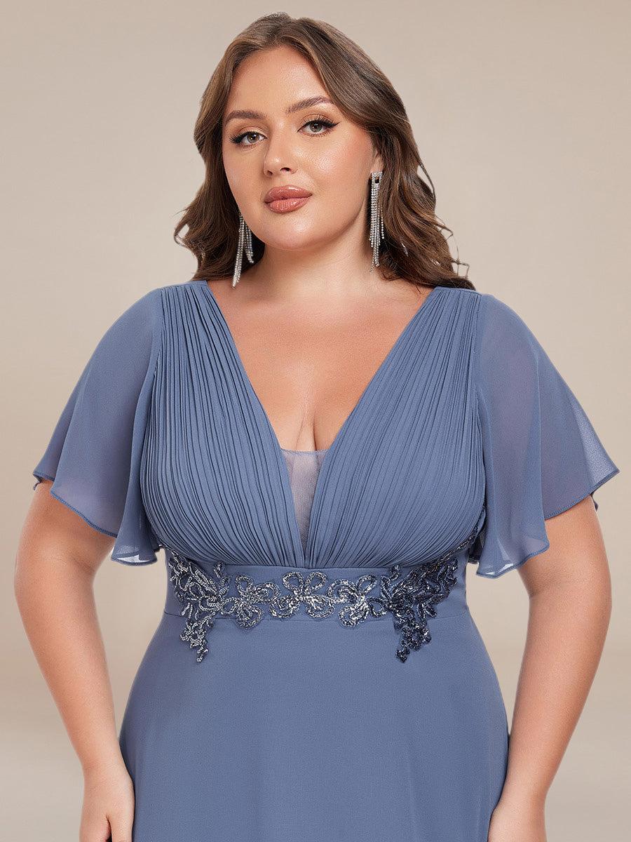 Color=Dusty Navy | Plus Size Elegant Ruffles Sleeve Chiffon Evening Dresses with Pleated Applique Decoration-Dusty Navy 10