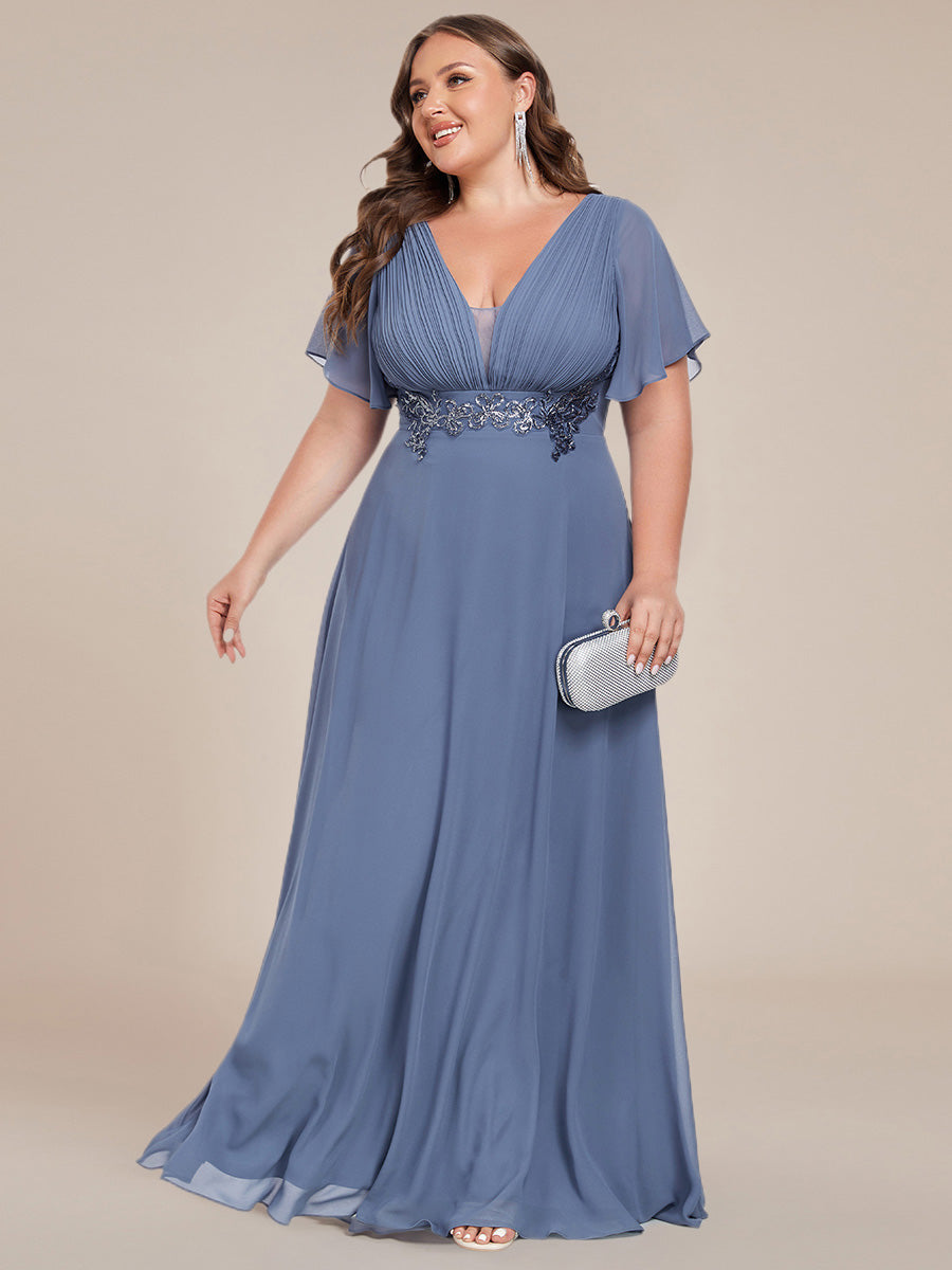 Color=Dusty Navy | Plus Size Elegant Ruffles Sleeve Chiffon Evening Dresses with Pleated Applique Decoration-Dusty Navy 9