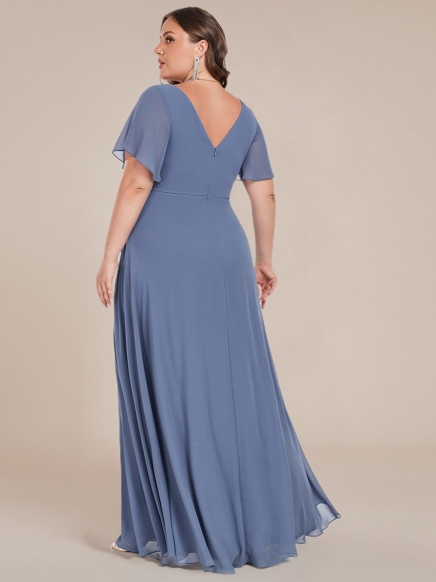 Color=Dusty Navy | Plus Size Elegant Ruffles Sleeve Chiffon Evening Dresses with Pleated Applique Decoration-Dusty Navy 8