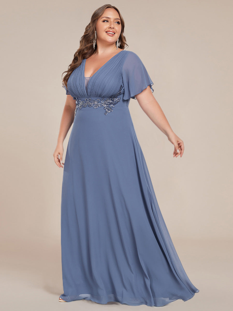 Color=Dusty Navy | Plus Size Elegant Ruffles Sleeve Chiffon Evening Dresses with Pleated Applique Decoration-Dusty Navy 7