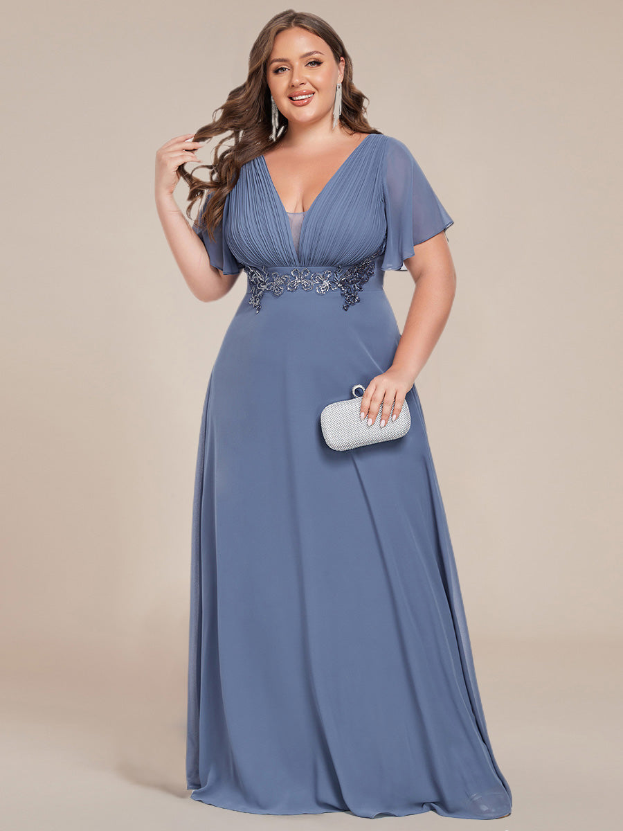 Color=Dusty Navy | Plus Size Elegant Ruffles Sleeve Chiffon Evening Dresses with Pleated Applique Decoration-Dusty Navy 6