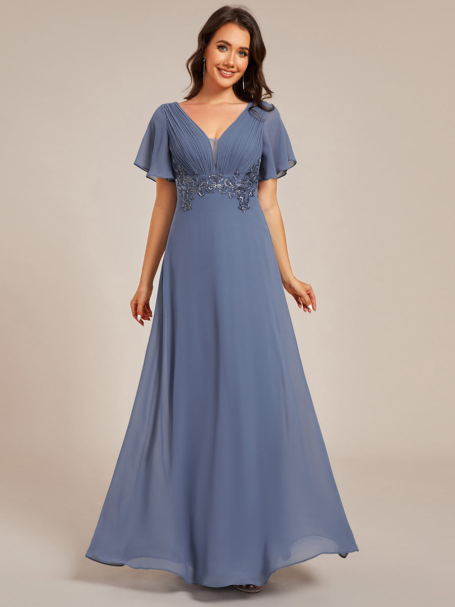 Color=Dusty Navy | Elegant Ruffles Sleeve Chiffon Evening Dresses with Pleated Applique Decoration-Dusty Navy 6