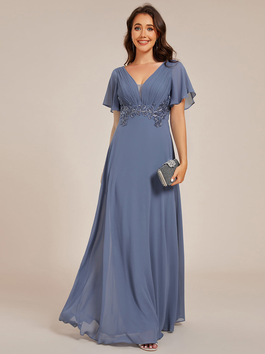 Color=Dusty Navy | Elegant Ruffles Sleeve Chiffon Evening Dresses with Pleated Applique Decoration-Dusty Navy 8