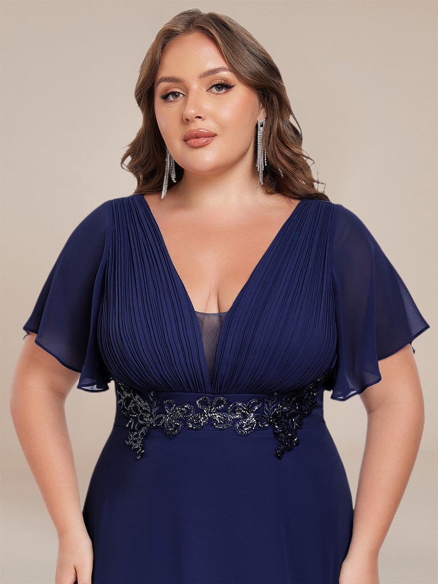 Color=Navy Blue | Plus Size Elegant Ruffles Sleeve Chiffon Evening Dresses with Pleated Applique Decoration-Navy Blue 16