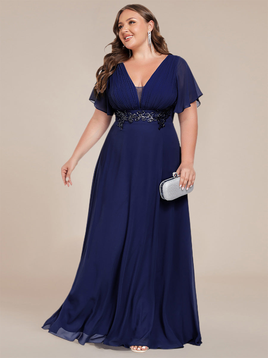 Color=Navy Blue | Plus Size Elegant Ruffles Sleeve Chiffon Evening Dresses with Pleated Applique Decoration-Navy Blue 15