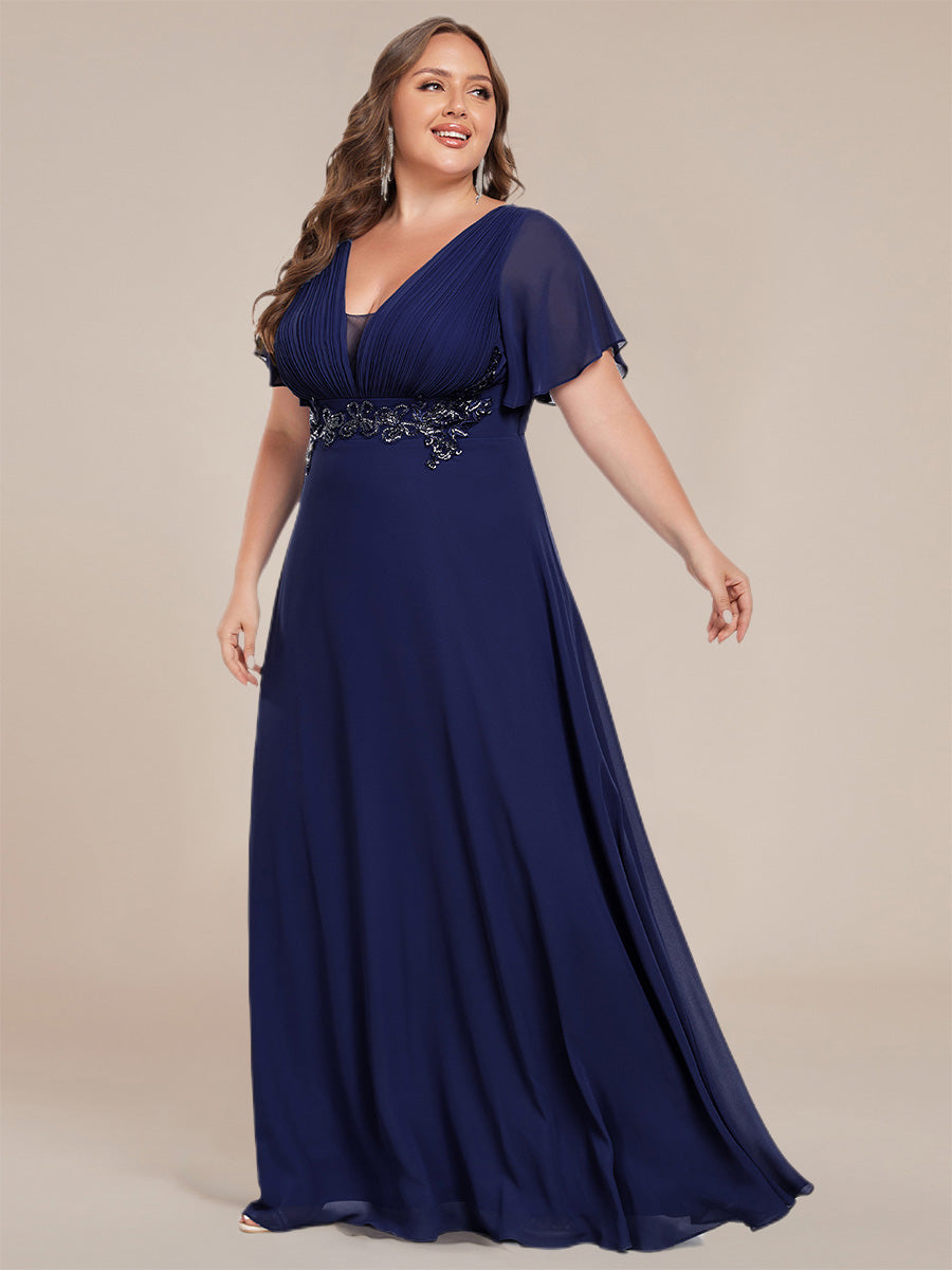 Color=Navy Blue | Plus Size Elegant Ruffles Sleeve Chiffon Evening Dresses with Pleated Applique Decoration-Navy Blue 13