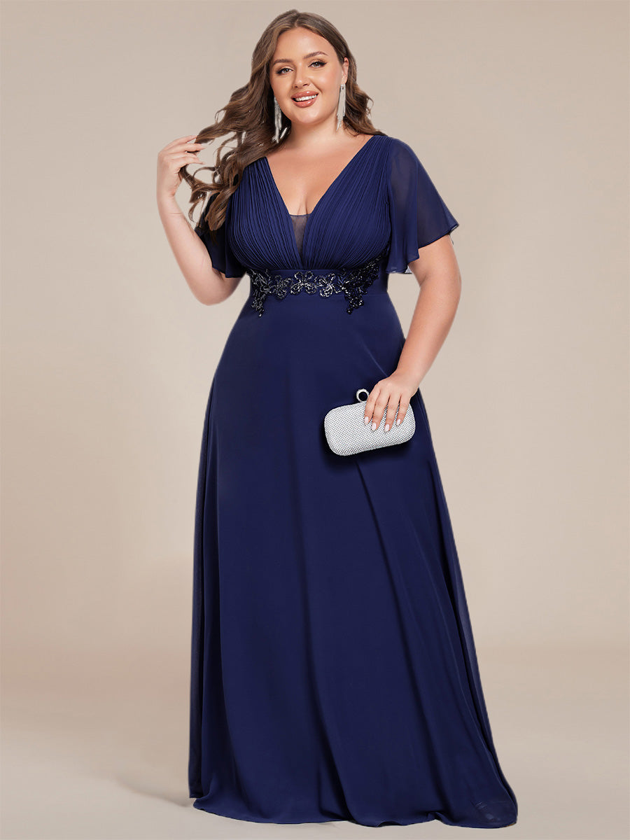 Color=Navy Blue | Plus Size Elegant Ruffles Sleeve Chiffon Evening Dresses with Pleated Applique Decoration-Navy Blue 12