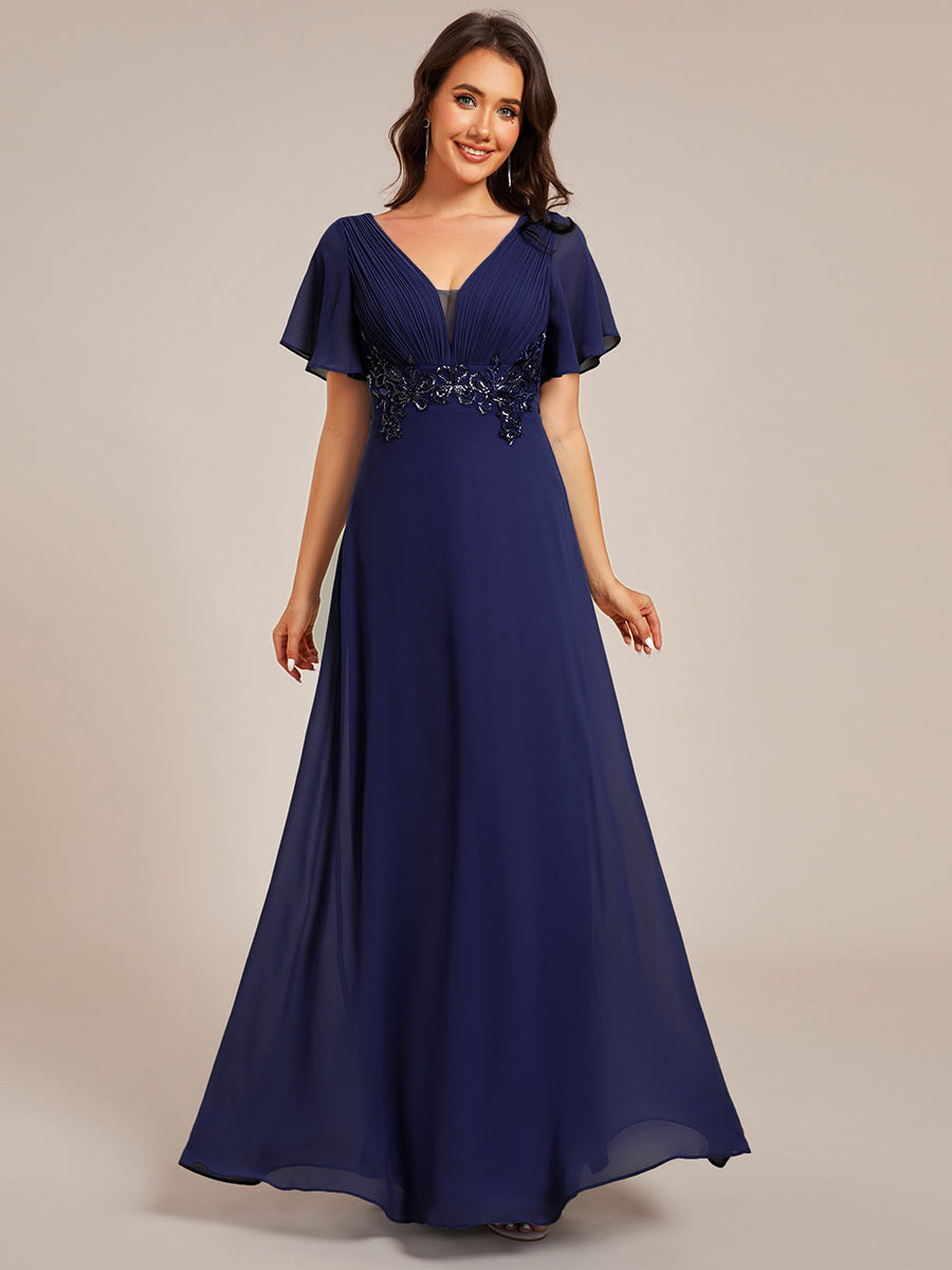 Color=Navy Blue | Elegant Ruffles Sleeve Chiffon Evening Dresses with Pleated Applique Decoration-Navy Blue 11