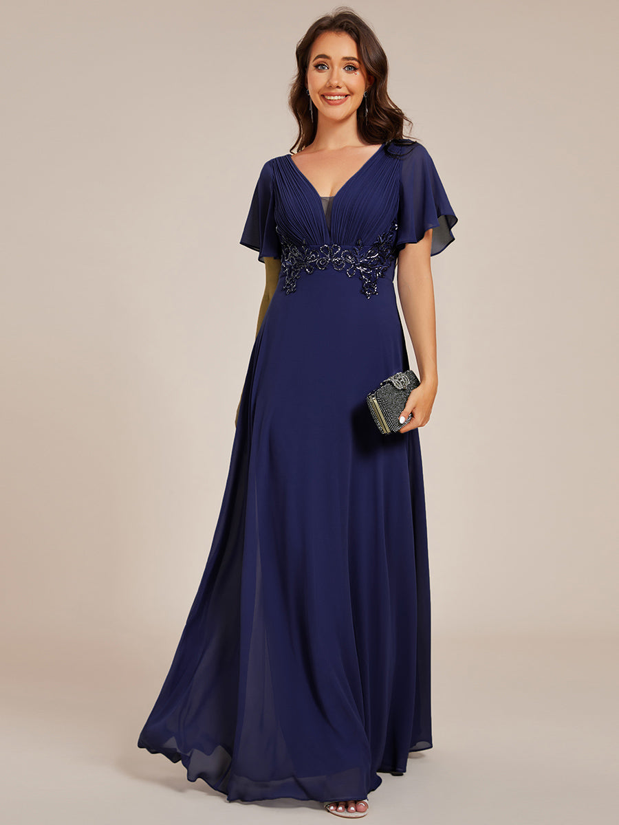 Color=Navy Blue | Elegant Ruffles Sleeve Chiffon Evening Dresses with Pleated Applique Decoration-Navy Blue 13