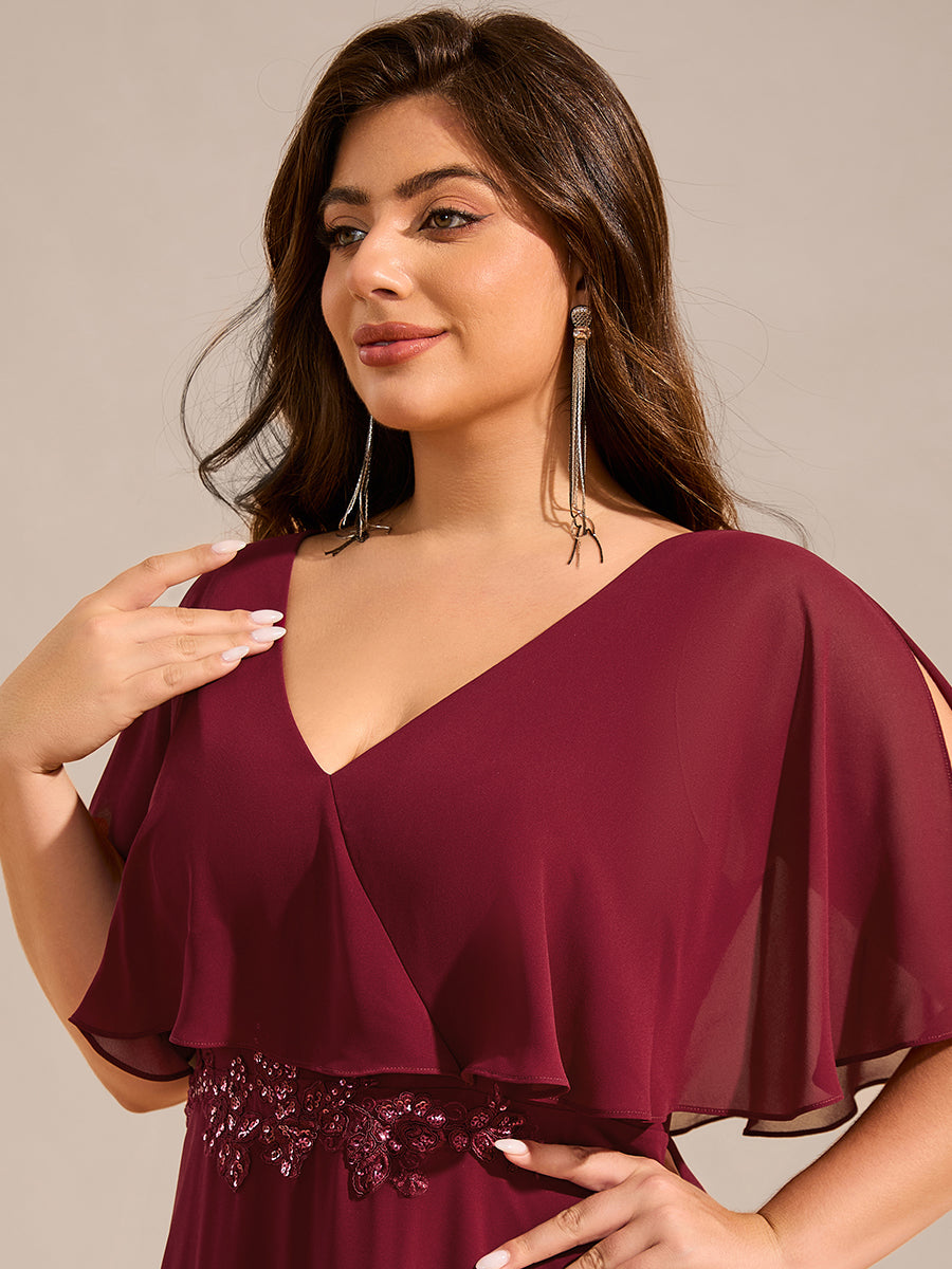 Color=Burgundy | Plus Size Elegant Shawl Bat-wing Sleeve Chiffon Evening Dresses with Applique Decoration-Burgundy 6