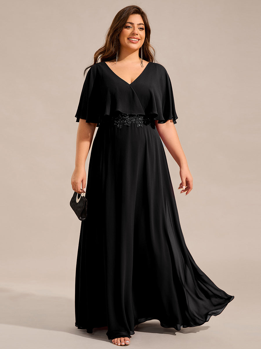 Color=Black | Plus Size Elegant Shawl Bat-wing Sleeve Chiffon Evening Dresses with Applique Decoration-Black 7