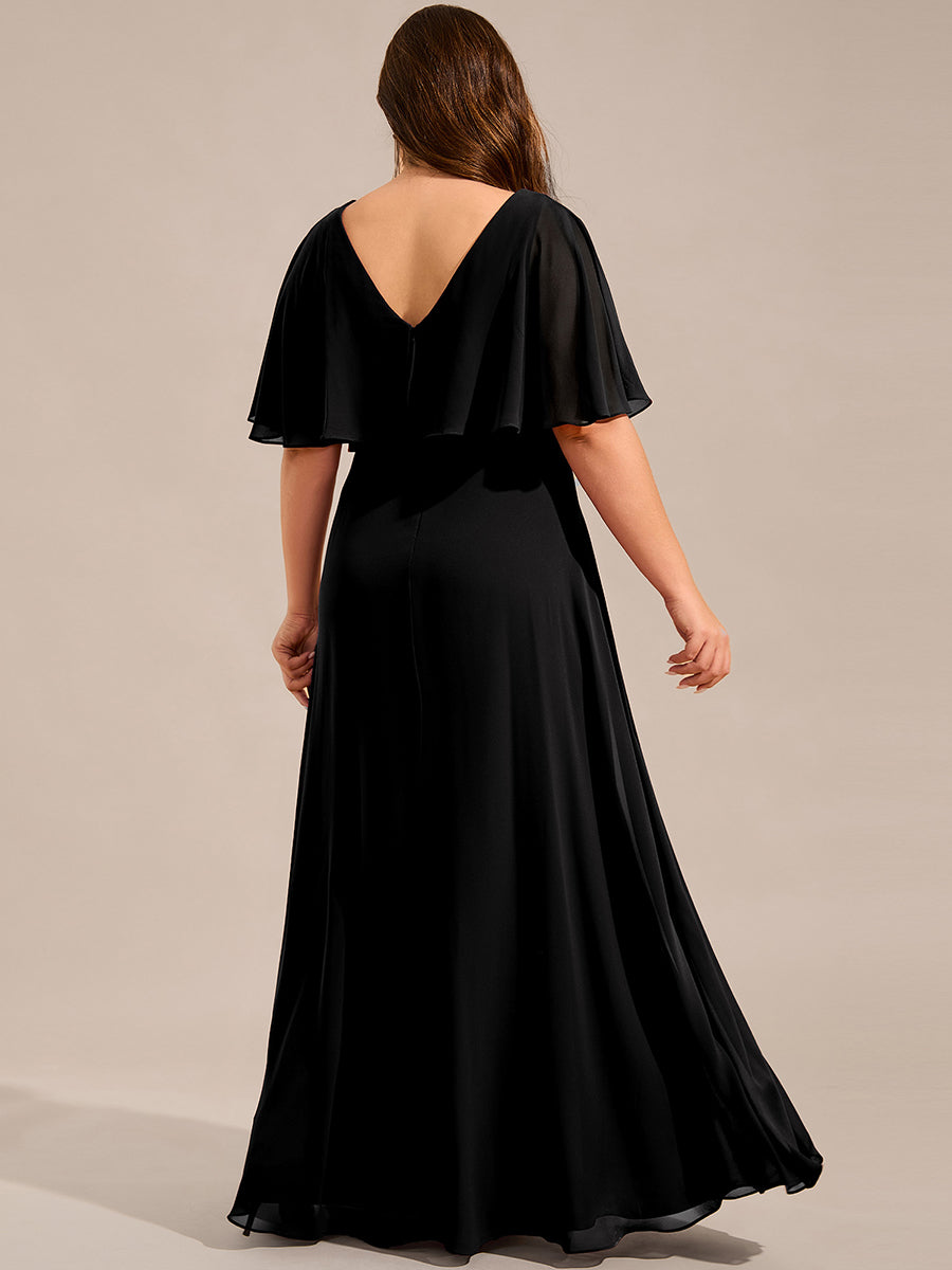 Color=Black | Plus Size Elegant Shawl Bat-wing Sleeve Chiffon Evening Dresses with Applique Decoration-Black 8