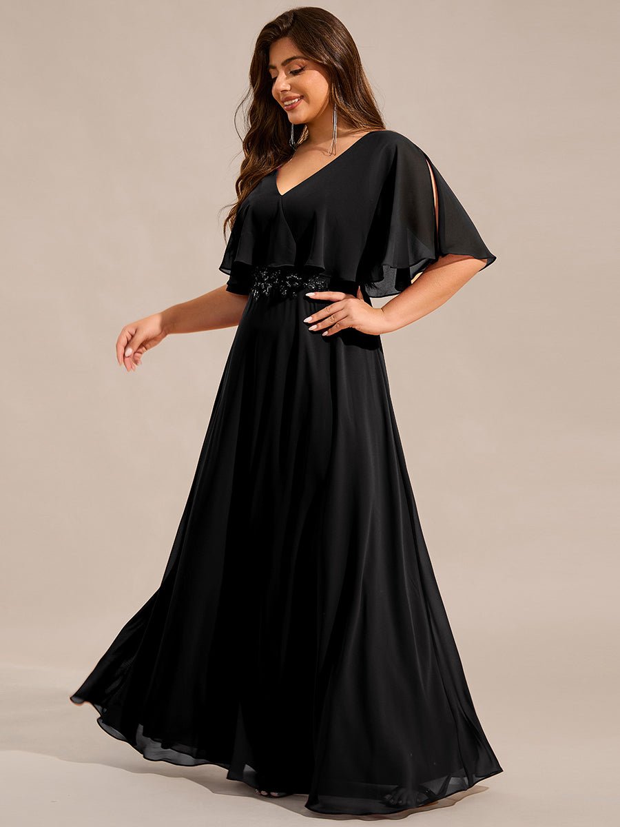 Color=Black | Plus Size Elegant Shawl Bat-wing Sleeve Chiffon Evening Dresses with Applique Decoration-Black 9