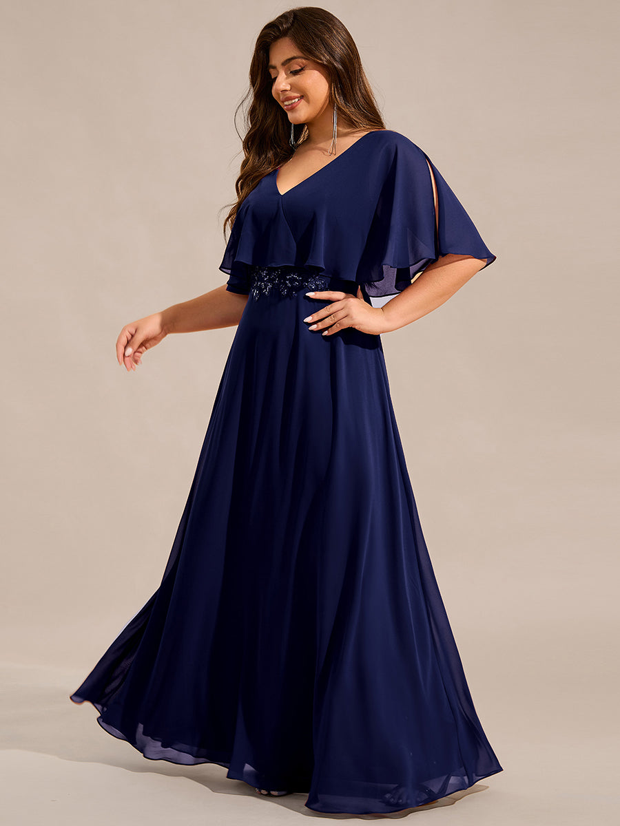 Color=Navy Blue | Plus Size Elegant Shawl Bat-wing Sleeve Chiffon Evening Dresses with Applique Decoration-Navy Blue 14