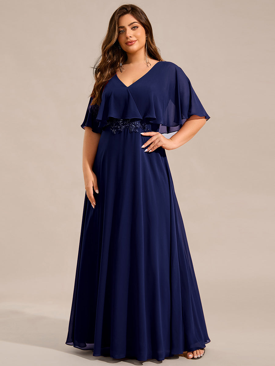 Color=Navy Blue | Plus Size Elegant Shawl Bat-wing Sleeve Chiffon Evening Dresses with Applique Decoration-Navy Blue 15