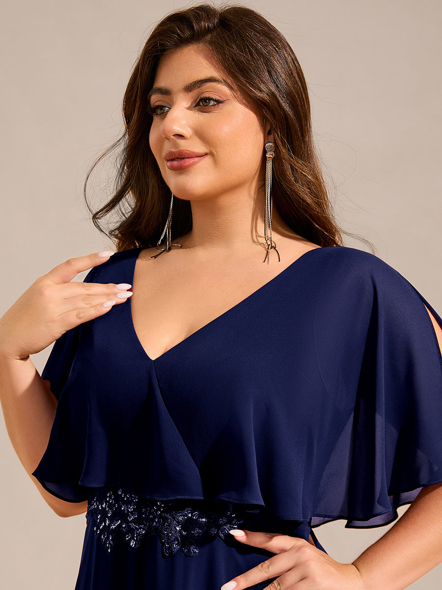 Color=Navy Blue | Plus Size Elegant Shawl Bat-wing Sleeve Chiffon Evening Dresses with Applique Decoration-Navy Blue 16