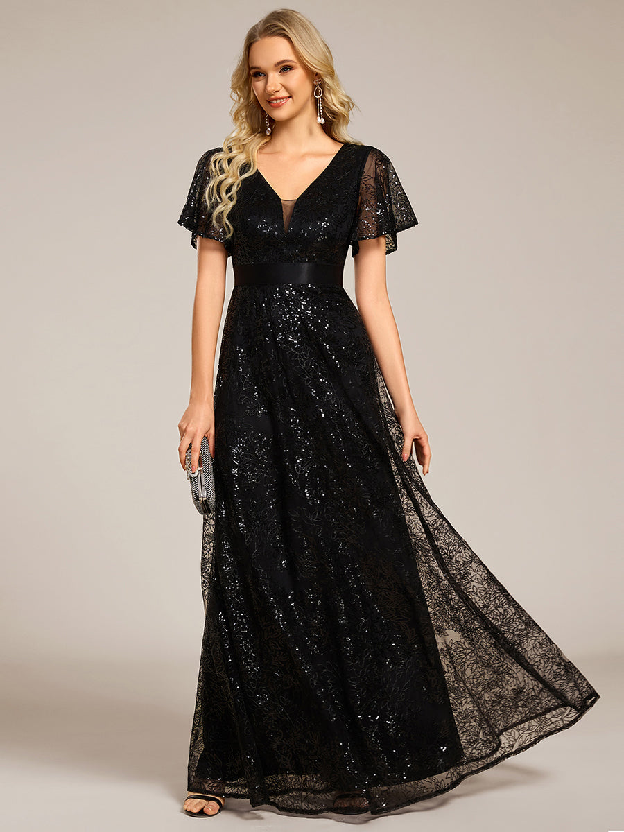 Color=Black | Exquisite Sequin Paillette Embroidery Evening Dresses with Ruffles Sleeve -Black 4