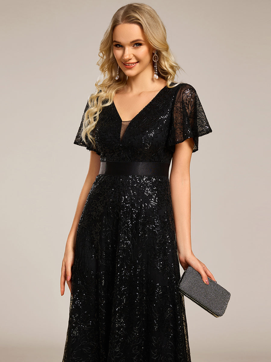 Color=Black | Exquisite Sequin Paillette Embroidery Evening Dresses with Ruffles Sleeve -Black 5