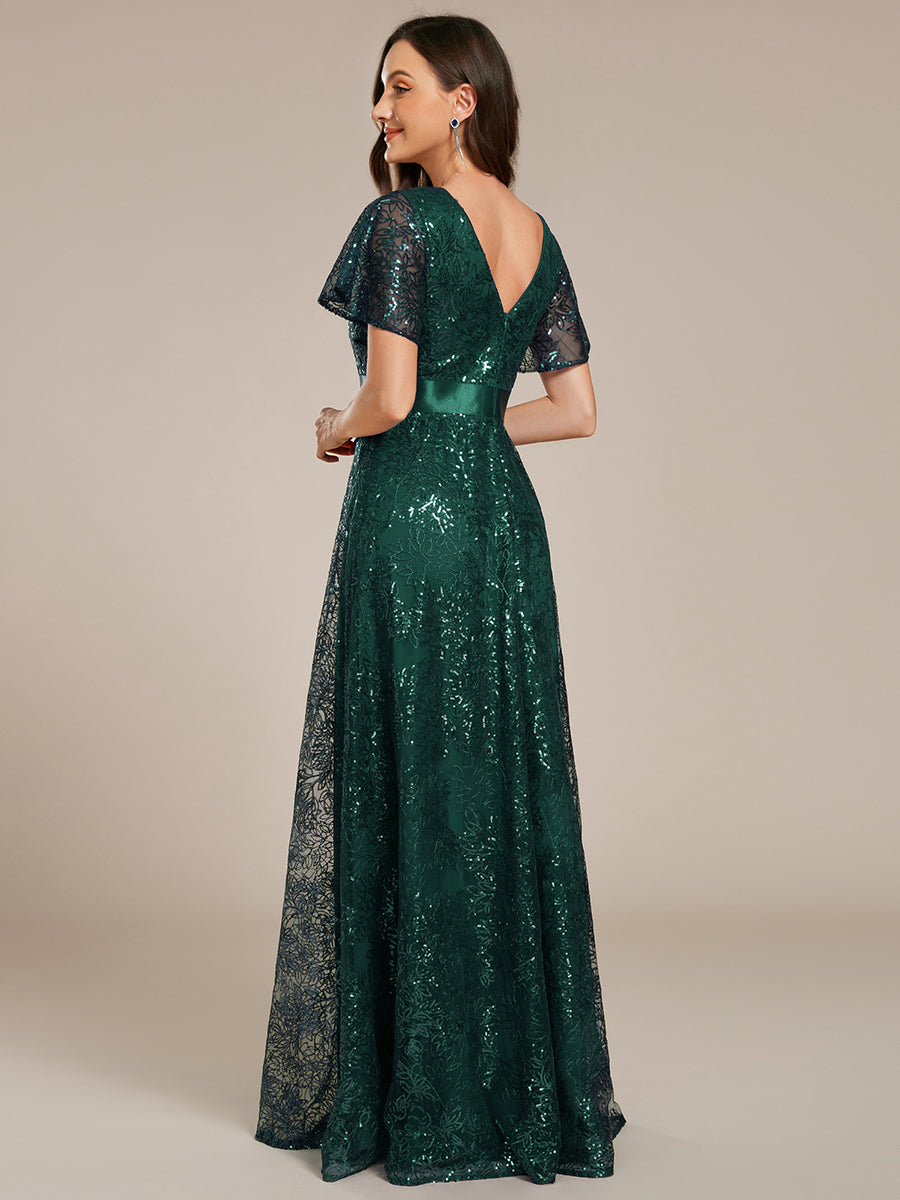 Color=Dark Green | Exquisite Sequin Paillette Embroidery Evening Dresses with Ruffles Sleeve -Dark Green 7