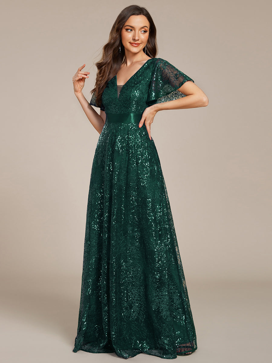 Color=Dark Green | Exquisite Sequin Paillette Embroidery Evening Dresses with Ruffles Sleeve -Dark Green 8