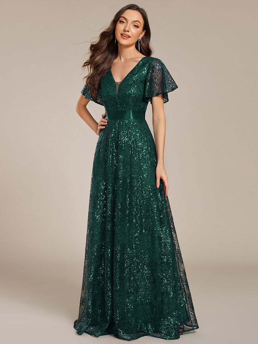 Color=Dark Green | Exquisite Sequin Paillette Embroidery Evening Dresses with Ruffles Sleeve -Dark Green 9