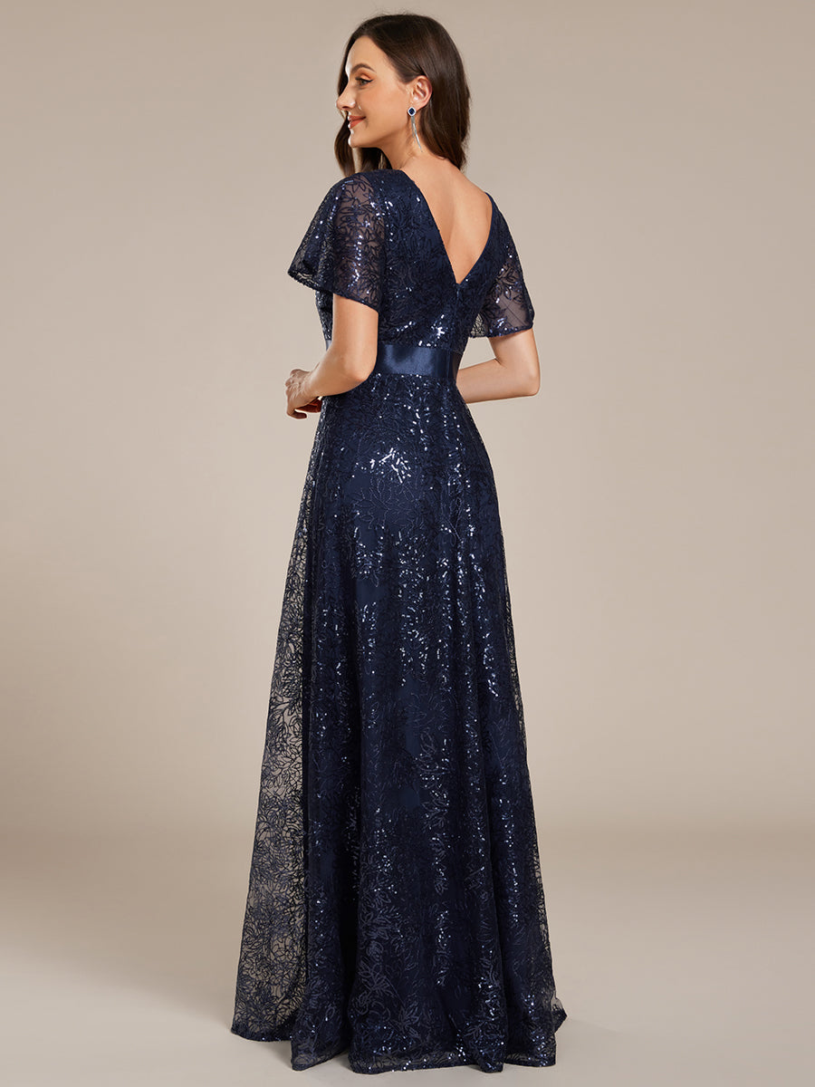 Color=Navy Blue | Exquisite Sequin Paillette Embroidery Evening Dresses with Ruffles Sleeve -Navy Blue 12