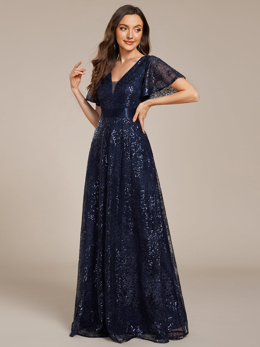 Color=Navy Blue | Exquisite Sequin Paillette Embroidery Evening Dresses with Ruffles Sleeve -Navy Blue 13