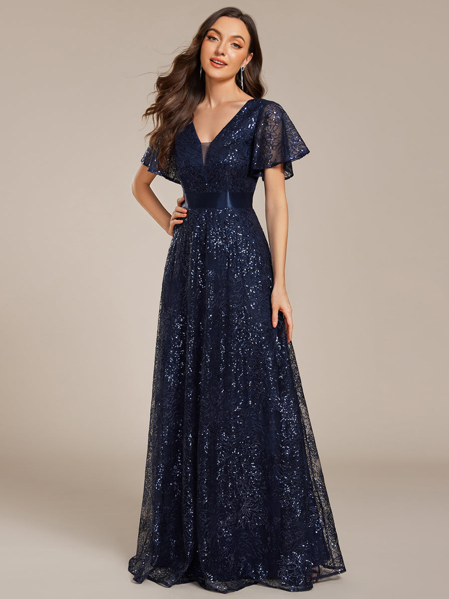 Color=Navy Blue | Exquisite Sequin Paillette Embroidery Evening Dresses with Ruffles Sleeve -Navy Blue 14