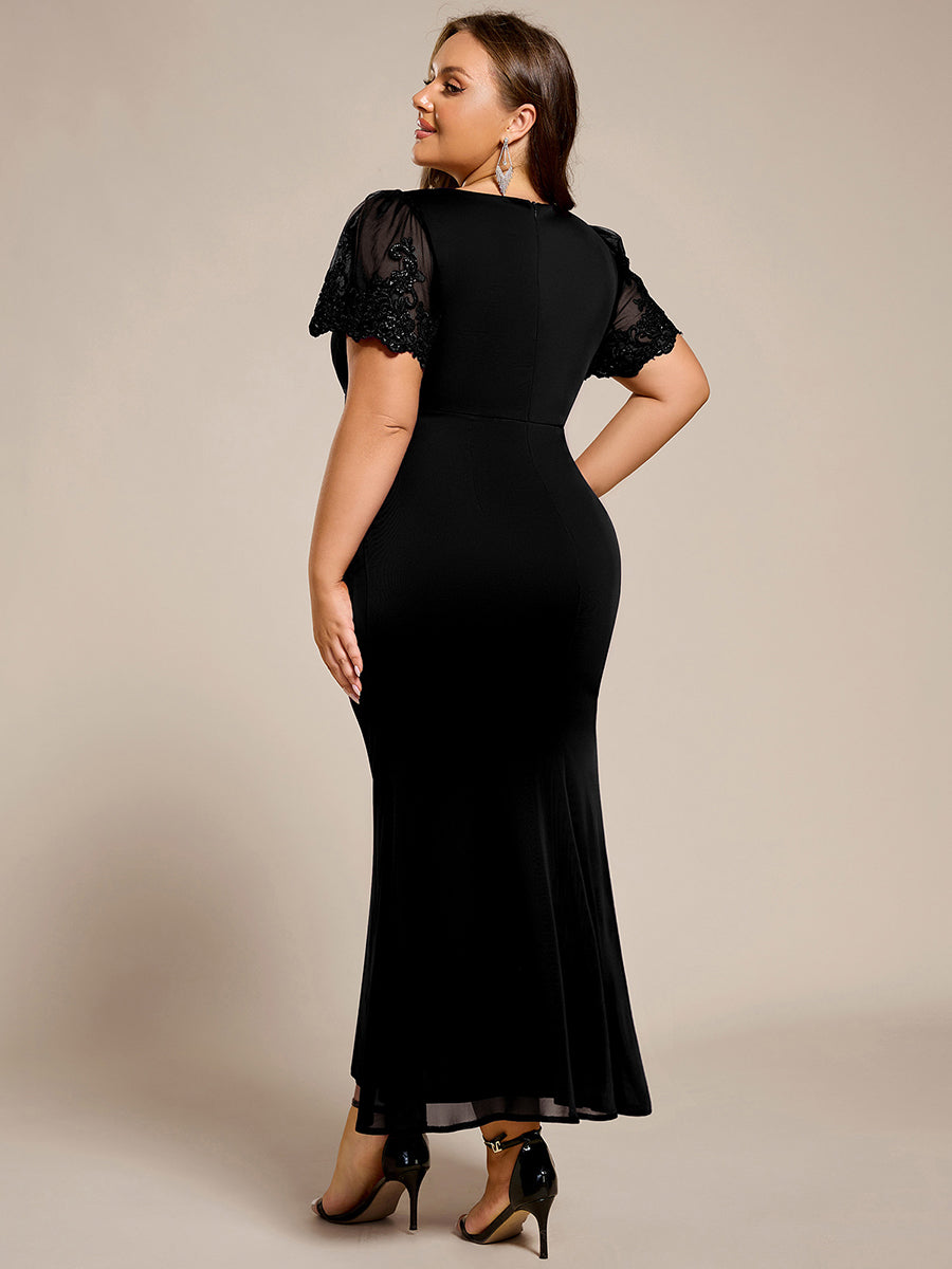 Color=Black | Plus Size Short Sleeve V-Neck Fishtail Dress with Bead Detail Formal Evening Dress-Black 2