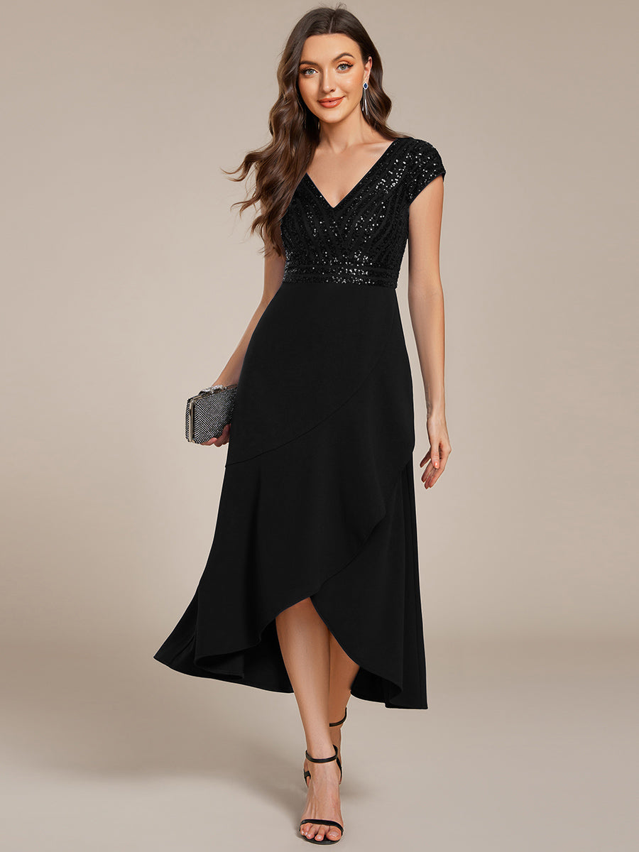 Color=Black | Asymmetrical Hem Short Sleeve V-Neck Formal Evening Dress with Paillette Detail-Black 1