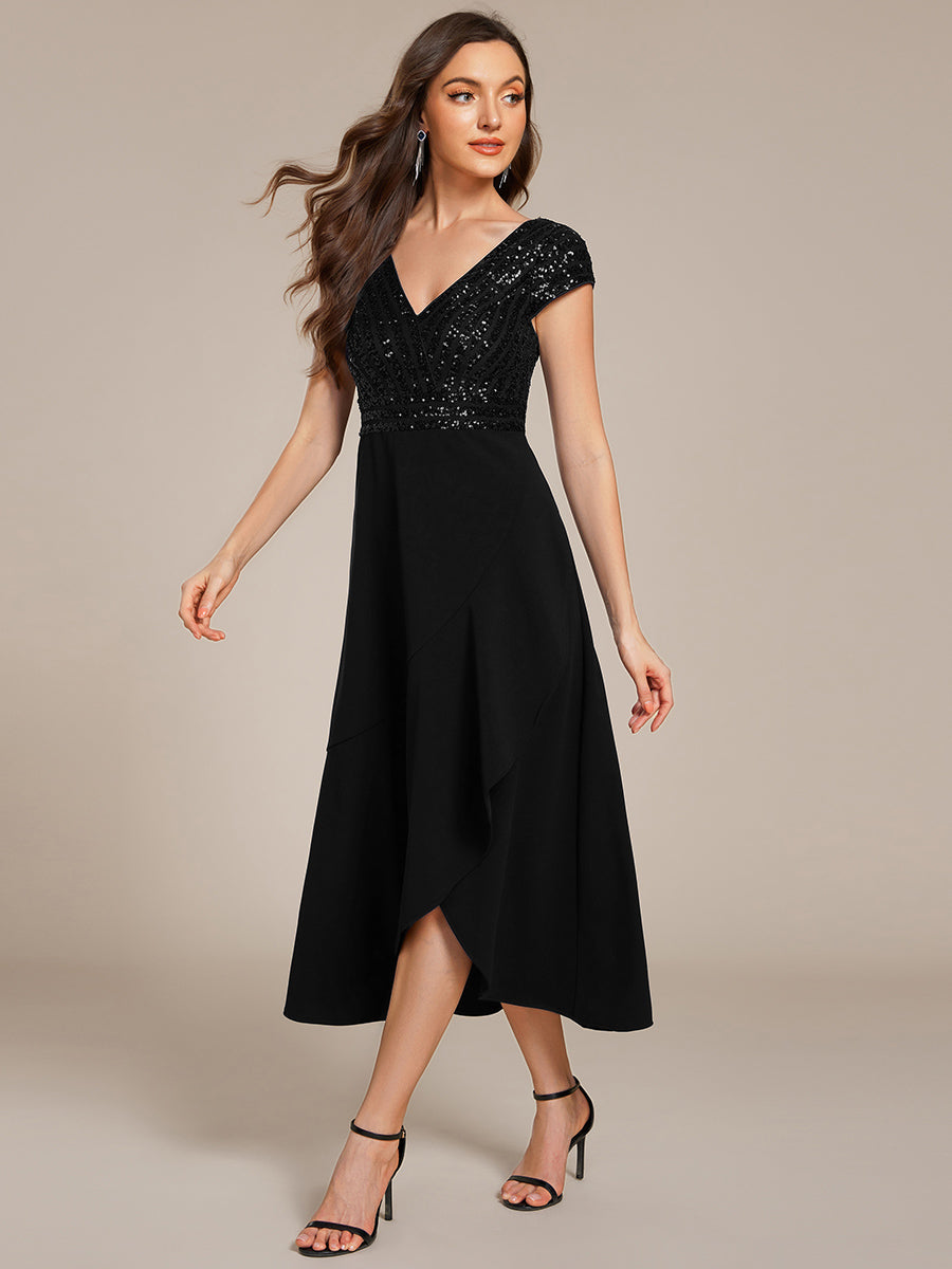 Color=Black | Asymmetrical Hem Short Sleeve V-Neck Formal Evening Dress with Paillette Detail-Black 4