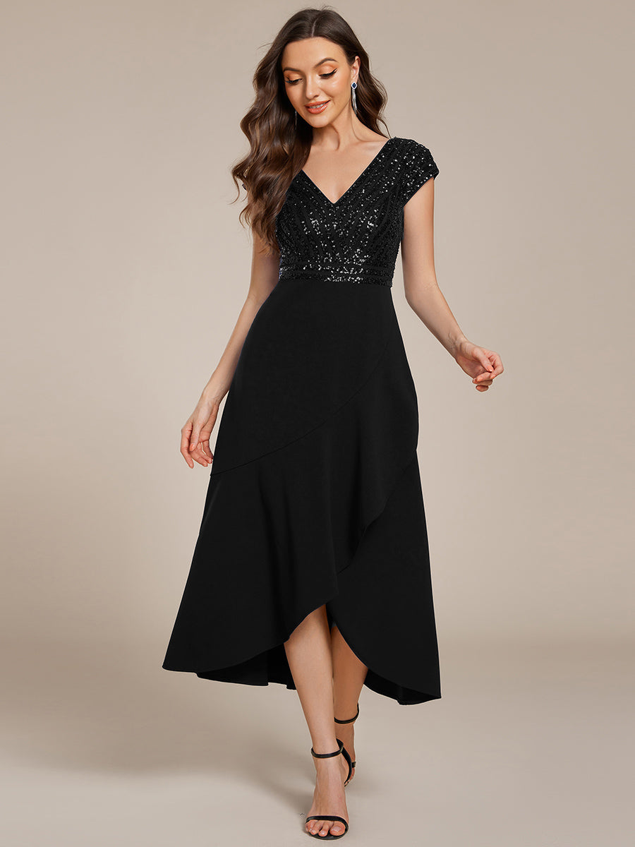 Color=Black | Asymmetrical Hem Short Sleeve V-Neck Formal Evening Dress with Paillette Detail-Black 5