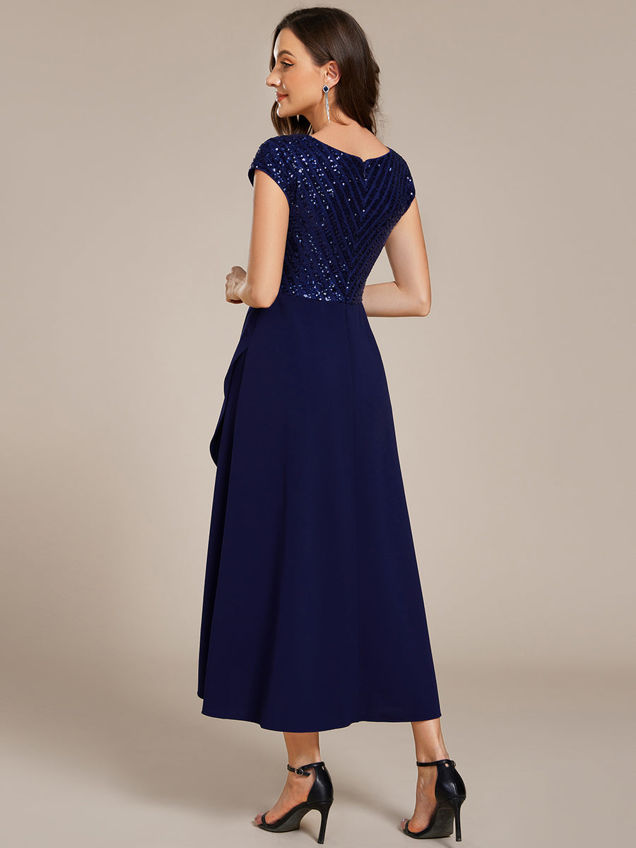 Color=Navy Blue | Asymmetrical Hem Short Sleeve V-Neck Formal Evening Dress with Paillette Detail-Navy Blue 7