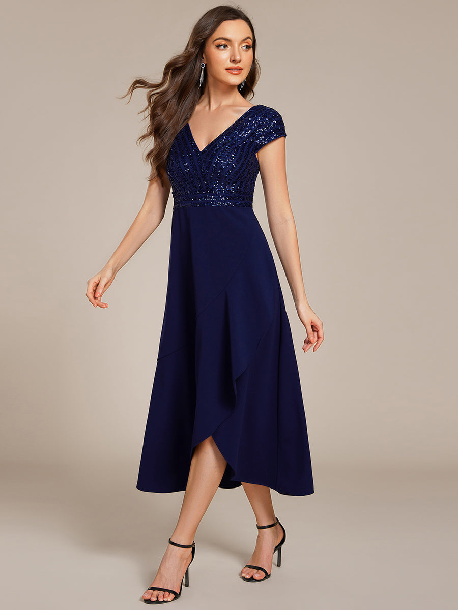 Color=Navy Blue | Asymmetrical Hem Short Sleeve V-Neck Formal Evening Dress with Paillette Detail-Navy Blue 9