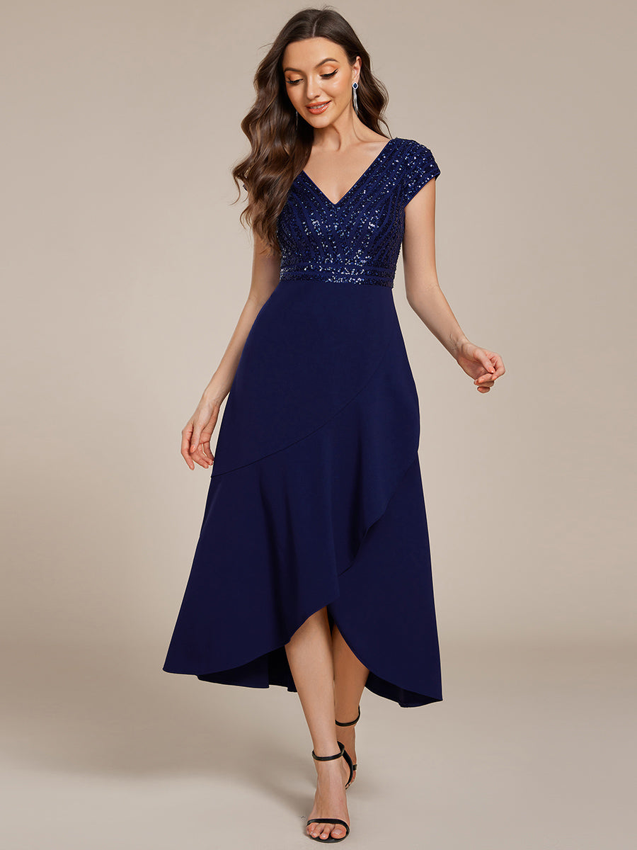 Color=Navy Blue | Asymmetrical Hem Short Sleeve V-Neck Formal Evening Dress with Paillette Detail-Navy Blue 10