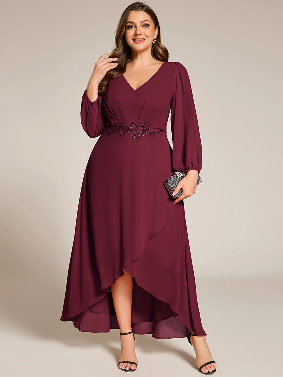 Color=Burgundy | Elegant Plus Size Applique Empire Waist Nine-Length Chiffon Evening Dresses with Regular fold stream Asymmetrical Hem-Burgundy 1