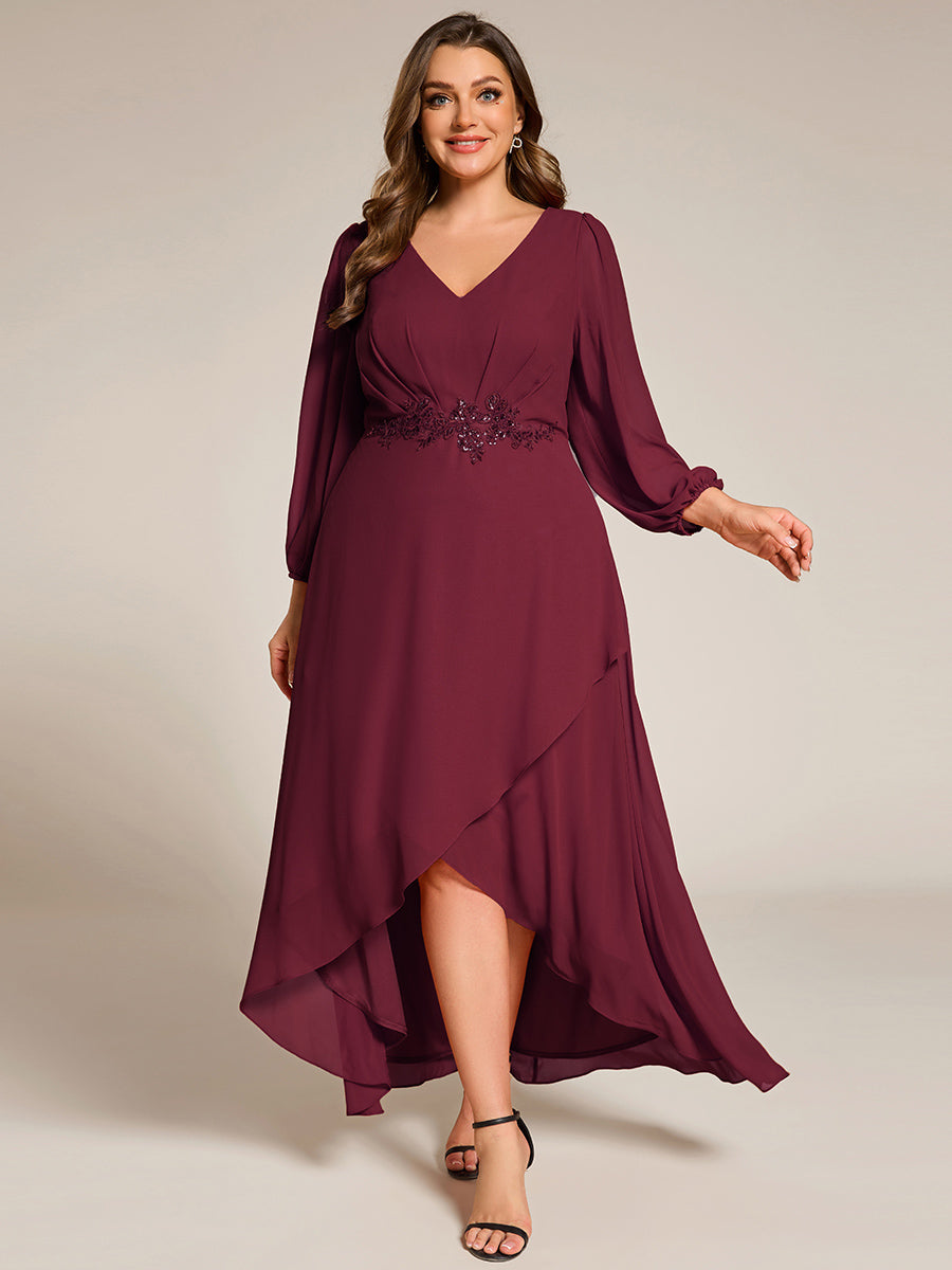 Color=Burgundy | Elegant Plus Size Applique Empire Waist Nine-Length Chiffon Evening Dresses with Regular fold stream Asymmetrical Hem-Burgundy 3