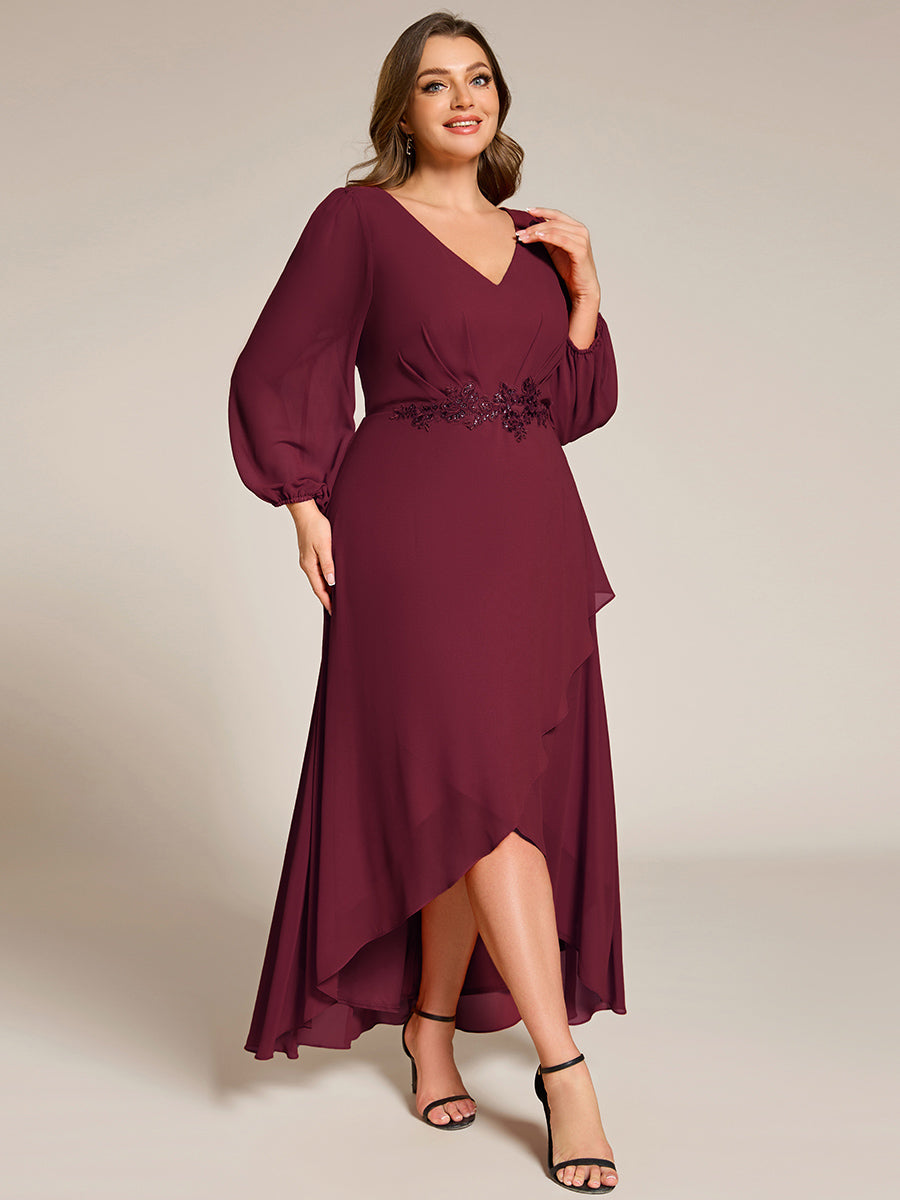 Color=Burgundy | Elegant Plus Size Applique Empire Waist Nine-Length Chiffon Evening Dresses with Regular fold stream Asymmetrical Hem-Burgundy 4