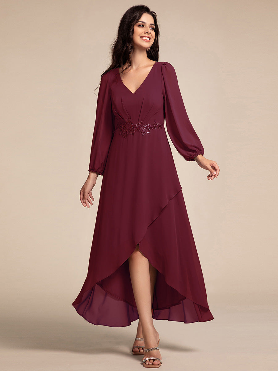 Color=Burgundy | Elegant Applique Empire Waist Nine-Length Chiffon Evening Dresses with Regular fold stream Asymmetrical Hem-Burgundy 2