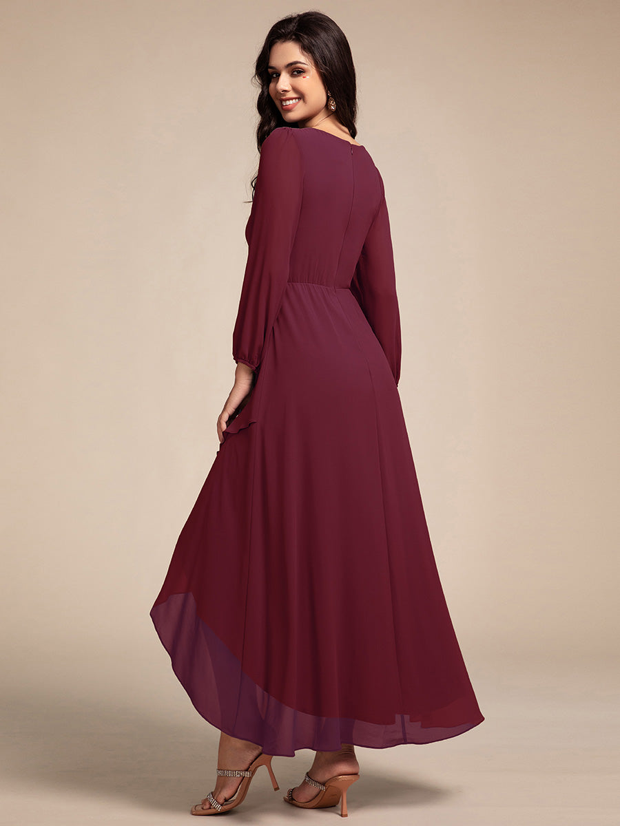 Color=Burgundy | Elegant Applique Empire Waist Nine-Length Chiffon Evening Dresses with Regular fold stream Asymmetrical Hem-Burgundy 3