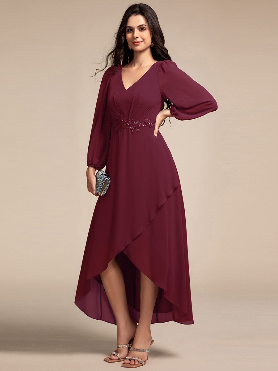 Color=Burgundy | Elegant Applique Empire Waist Nine-Length Chiffon Evening Dresses with Regular fold stream Asymmetrical Hem-Burgundy 4