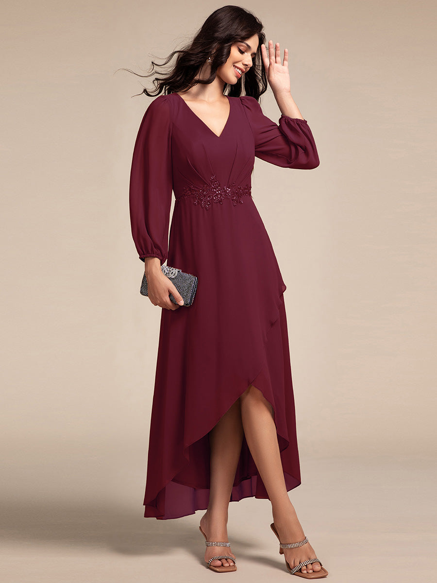 Color=Burgundy | Elegant Applique Empire Waist Nine-Length Chiffon Evening Dresses with Regular fold stream Asymmetrical Hem-Burgundy 5