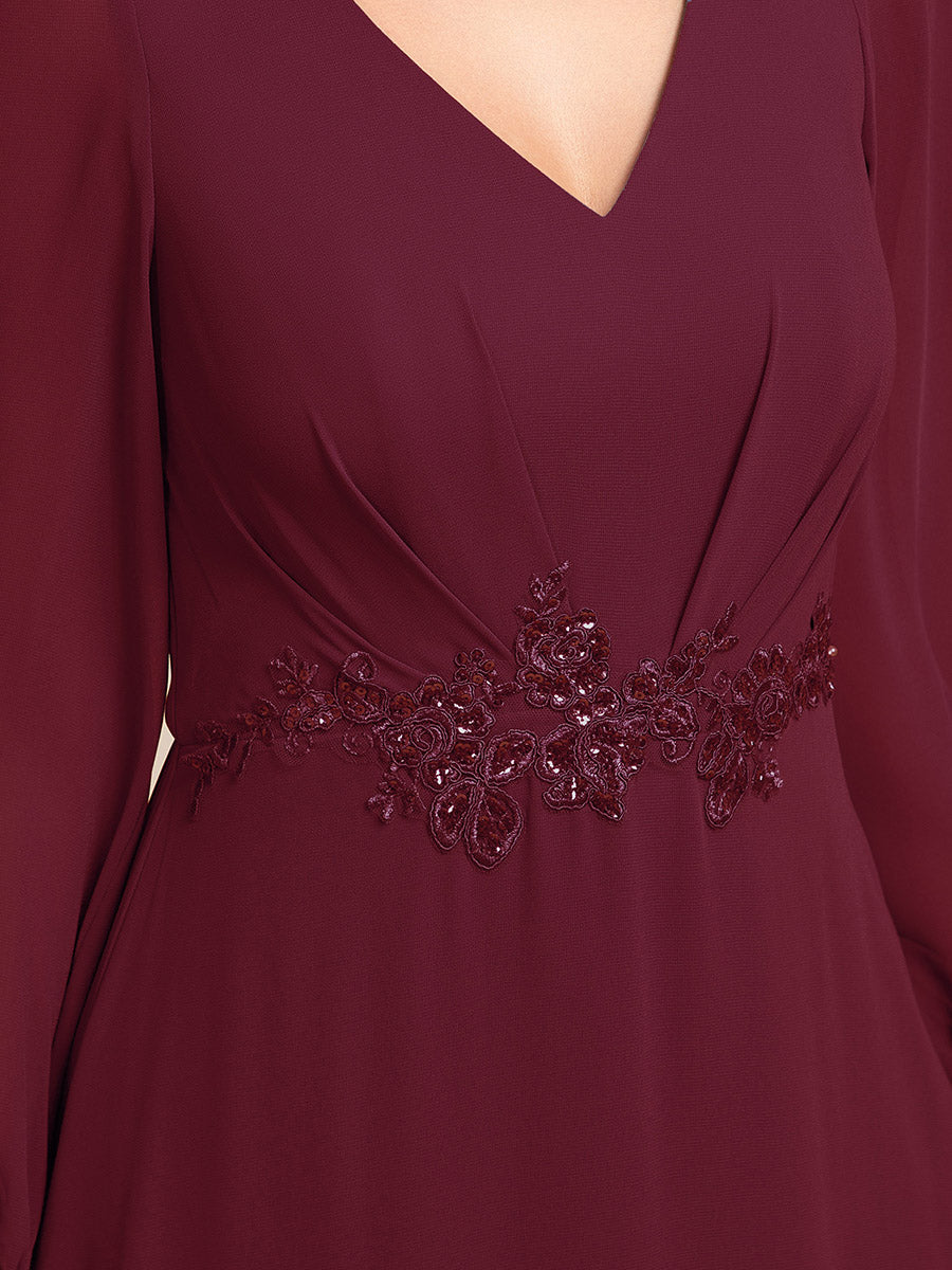 Color=Burgundy | Elegant Applique Empire Waist Nine-Length Chiffon Evening Dresses with Regular fold stream Asymmetrical Hem-Burgundy 6